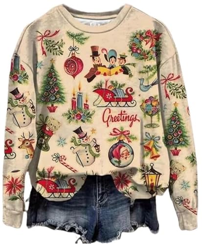 GREFLYING Vintage Christmas Shirts For Women Retro Christmas Sweatshirt Xmas Long Sleeve Lightweight Sweatshirt Pullover Tops(Multicolor,XL)