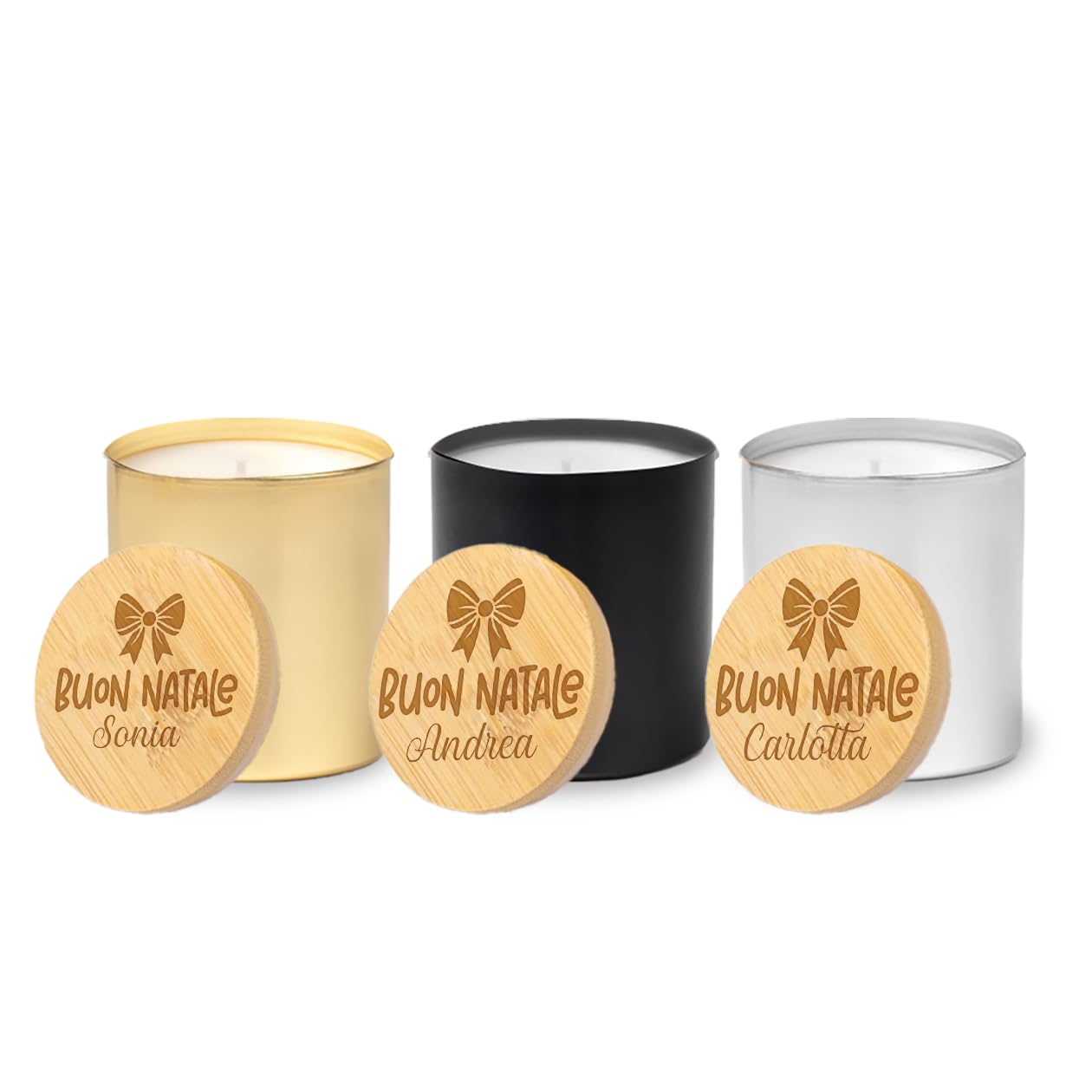''Buon Natale'' Set Regalo Natalizio di 3 Candele Profumate alla Vaniglia con Coperchi in Legno Personalizzati, Decorazione Natalizia per Famiglia idea regalo natale personalizzata