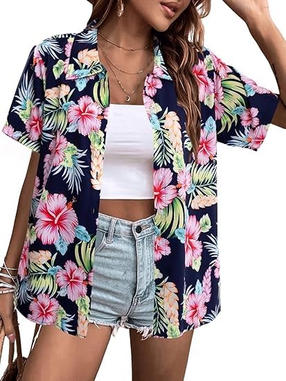 Hawaiian Shirts for Women: Summer Vacation Tees Tropical Floral Graphic T-Shirts Beach Hawaiian Button Up Tops