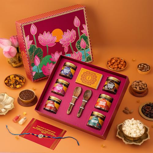 Image of Gladful Premium 10 Items Rakhi Gift Box | Pink Lotus Keepsake Hamper with Premium Nuts, Cranberries, Chocolate Spreads & Rakhi | Luxurious Raksha Bandhan Gift
