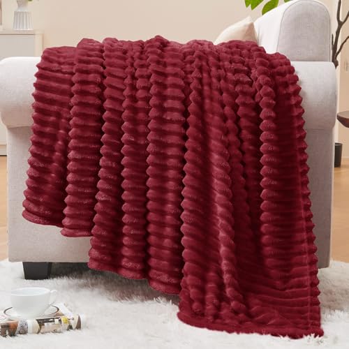 Image of BEDELITE Fleece Throw Blanket for Couch - 3D Ribbed Jacquard Soft and Warm Decorative Fuzzy Blanket - Cozy, Fluffy, Plush Lightweight Burgundy Throw Blankets for Bed, Sofa, 50x60 inches