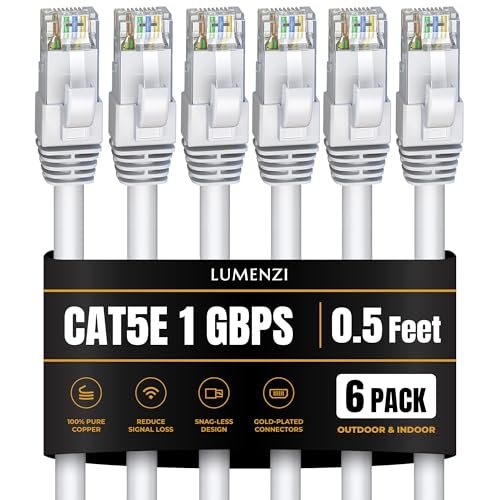 Cat 5e Ethernet Cable 0.5 FT in White 6 Pack 1 Gbps Speed Network Short Round Rj45 Outdoor Indoor Direct Burial Bare Copper LAN Patch Cable for Router Gaming PS5 XBOX Printer Computer CCTV Switch