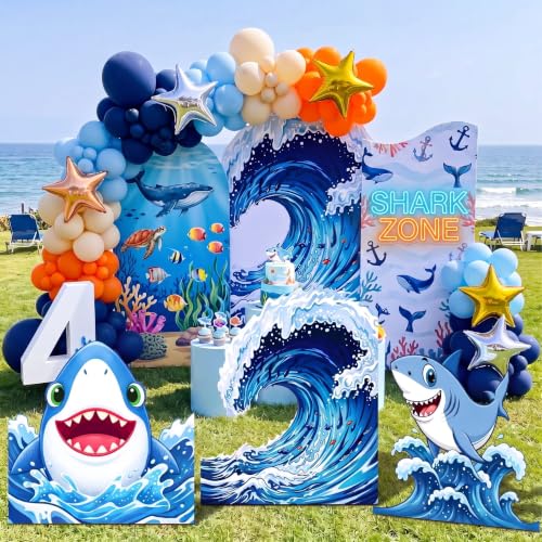 Image of 3 Pcs Shark Birthday Party Decorations Set, Huge Shark Ocean Wave Standee for Summer Ocean Baby Shower Party Under The Sea Photo Backdrop
