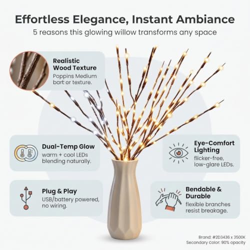 Image of DK177 2Pack Warmlight + 2Pack Whitelight Led Branch Light Battery Operated Lighted Branch Vase Filler Willow Tree Artificial Little Twig Power Brown 30 Inch 20 LED for Home Decoration