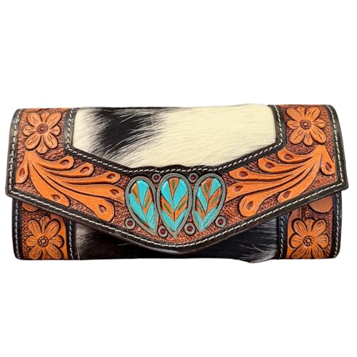 Women Long Leather Wallet with Hand Tooled Carving Fashion Stylish Cash Holder Gift For Him (Brown-5)