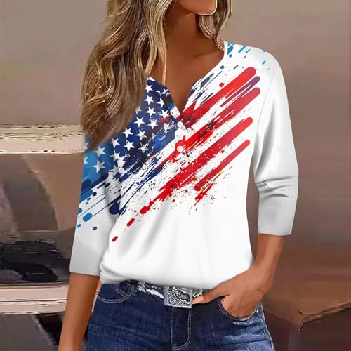 Image of 4th of July Shirts Women 3 /4 Length Sleeve Womens Tops Henley Neck Casual Patriotic T Shirts
