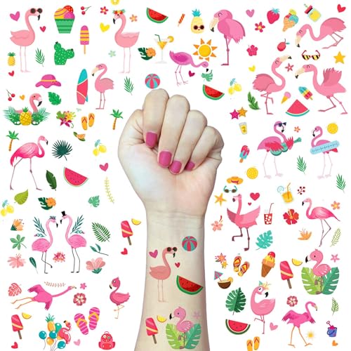 DIELOVEHUA Tatuajes Temporales Flamenco, 10 Hojas Tatuajes Temporales Niños, Hawaiana Tropical Tatuaje Pegatinas, Regalos de Fiesta de Verano, Regalos Cumpleaños para Niños y Niñas