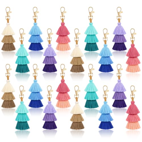 MAQUITA 20 Pcs Pom Pom Tassel Keychain Colorful Backpack Keychain Women Cute Bag Charms Bohemian Purse Tassels Bag Charm Handbag Purse Pendant Key Chain (5 Colors)