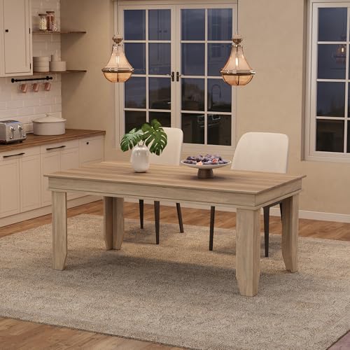 Image of GarveeHome Farmhouse Dining Table for 4-6 People, 63 in Long Kitchen Tables with Wooden Sturdy Frame, 5 ft Large Rectangular Dinner Table for Dining Room, Kitchen, Natural Oak, 63 inch Non-extendable