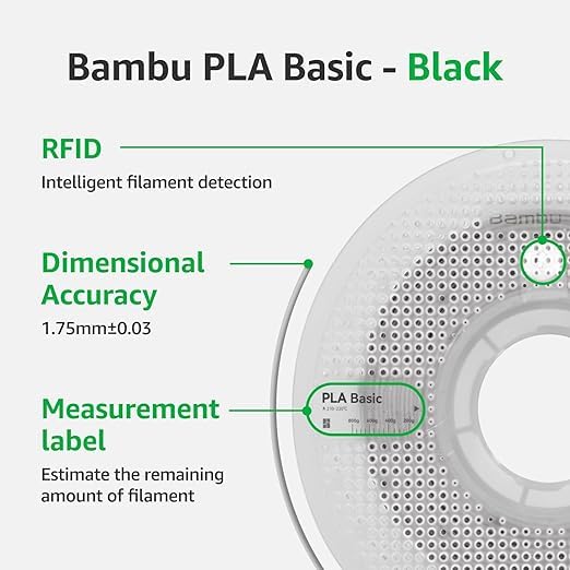 Image of Bambu Lab PLA Basic Black 3D Printer Filament Diameter: 1.75mm + /- 0.03mm, Smooth Surface Finish, Biodegradable (with Spool)