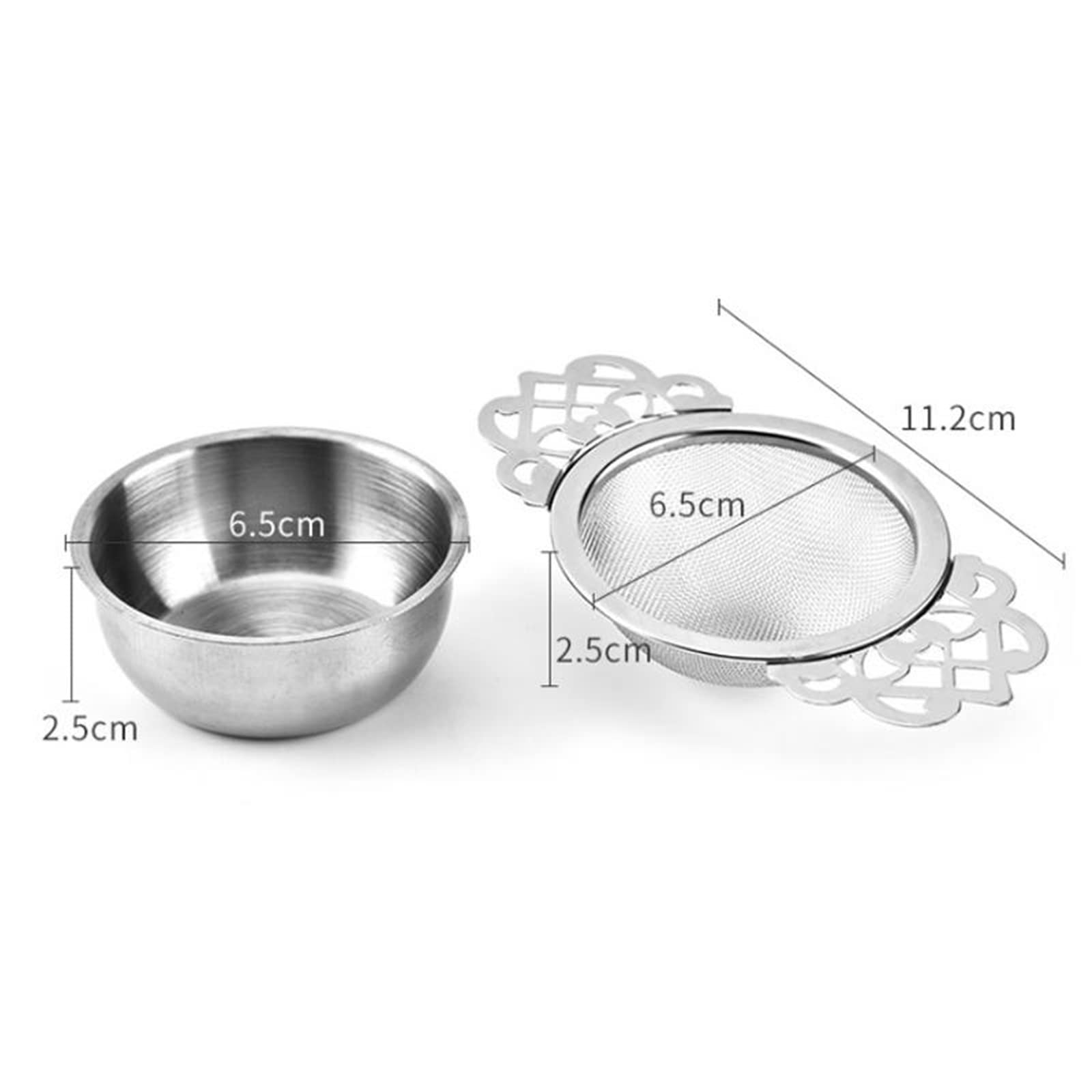 Colador de té, infusores de té con asas dobles para las orejas, filtro de especias, hojas sueltas con cuenco de goteo, colador de té, duradero, fiable, de acero inoxidable (plata)