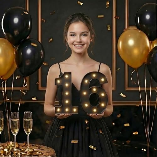 Image of 16th Birthday Decorations for Girls and Boys, Black Light-Up Number 16 Sign, Battery-Operated Illuminated Party Table Decoration Backdrop Wall Decor Sweet 16 Party Decorations ZJDZTK