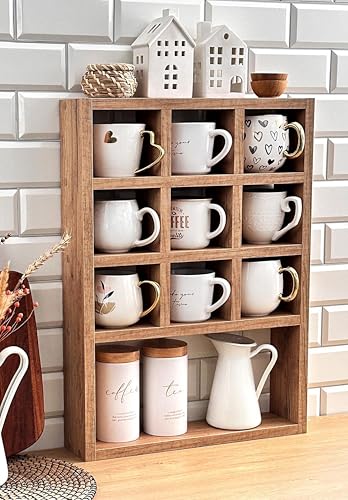 Image of Hamdan Collection Wall Mounted Mug Shelf - Coffee Cup Storage - Kitchen Wall Rack - Floating Cup Organizer - Rustic Coffee Bar Shelf (10 Compartment)
