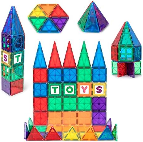 Playmags Magnetic Tiles for Kids, 60 Pc Magnet Blocks with ABC Click-ins, STEM Development Building Toys for Boys Girls & Toddlers