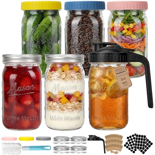 CycleMore 32 oz Wide Mouth Mason Jars with Airtight Metal Lids 6-Pack Canning Jars with Colorful Plastic Lids & Pitcher Lid Quart Jars for Overnight Oats Pickling Cold Brew and Sun Tea