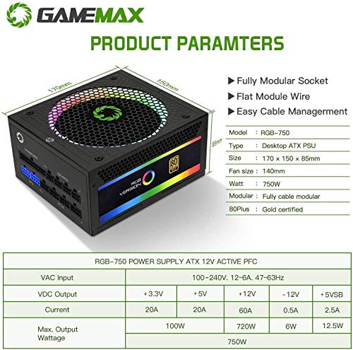 GameMax 750W RGB Power Supply (No Power Cable inc.), Modular, RGB Rainbow LED Lighting, RGB Switch, 80 Plus Gold, 90% Efficiency, 14cm Cooling Fan, A Power Supply with a Premium Performance | Black - Image 4
