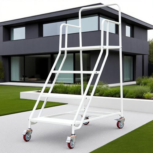 Image of 4 Step Rolling Ladder - Mobile Rolling Stairs with Wheels, Heavy Duty Industrial Safety Non-Slip Metal Rolling Ladders, 880lbs Capacity, for Warehouse, Garage, Supermarket