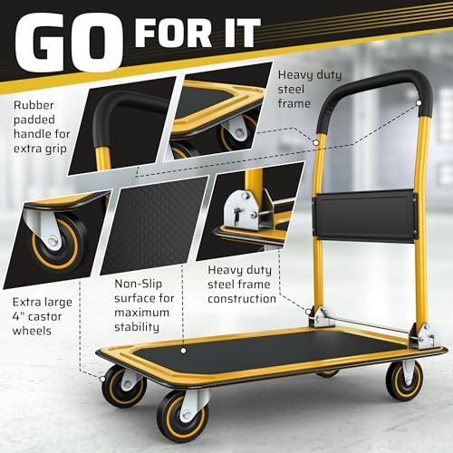 Image of Heavy Duty Foldable Push Cart Dolly | 330 lbs. Capacity | Upgraded Collapsible Hand Truck Folding Platform with Swivel Wheels | Flat Bed Moving Wagon | Space Saving Push Handle (Yellow)