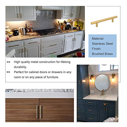 5Pcs Goldenwarm Brushed Brass Cabinet Cupboard Drawer Door Handle Pull Knob for Furniture Kitchen Hardware 5in Hole Center 7-1/2in Overall Length