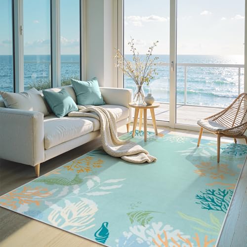 Seavish 5x7 Coastal Rugs for Living Room, Aqua Green Ocean Rugs for Bedroom Aesthetic, Soft Non Slip Nautical Nursery Rug, Low Pile Seaside Velvet Floor Carpet for Dining Room Office Playroom Porch