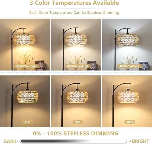 Zecoxol 001 Arc Floor Lamp For Living Room Rattan Boho Floor Lamp With Remote Control,Dimmable Led Floor Lamp Wicker Lamp Shades Black Standing Lamp thumb #1