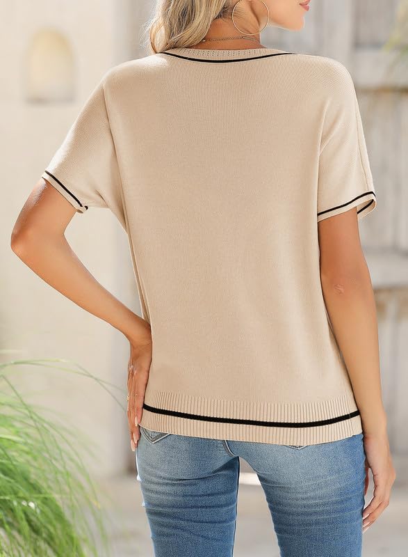 Image of SHEWIN Womens Tops Trendy Short Sleeve Shirts Crewneck Lightweight Knit Sweater Top Business Casual Outfits