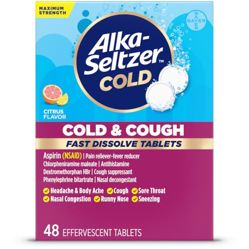 Alka-Seltzer Plus Severe Cold & Cough Medicine For Adults PowerFast Fizz Citrus Effervescent Tablets Fast Relief of Headache Sore Throat Nasal & Sinus Congestion Runny Nose & Fever 48ct