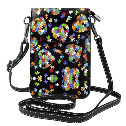 women leather Cell Phone Purse Autism Awareness Puzzle Pieces Heart picture Soft, durable and waterproof PU leather Convenient for daily use and travel, Black