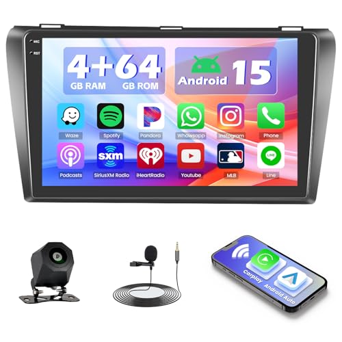 Hikity 4+64G Android Car Stereo for Mazda 3 2004 2005 2006 2007 2008 2009, 9”Incell Touchscreen Radio with CarPlay, Android Auto, Bluetooth, GPS Navigation, WiFi, FM, RDS + AHD Backup Camera
