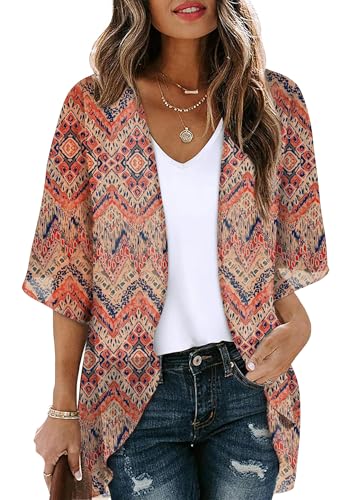 OFEEFAN Beach Cover Ups for Women 3/4 Length Sleeve Womens Tops Summer Cardigan Casual Blouses Loose Fit
