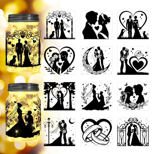 Peacoblue Wedding Silhouette Cutouts for Jars Wedding Party Mason Can Lantern Glass Wishing Bottle Decor(No Stickers), 12Pcs Reusable Silhouette Lantern DIY Craft Kit Jar Decals Art Home Garden