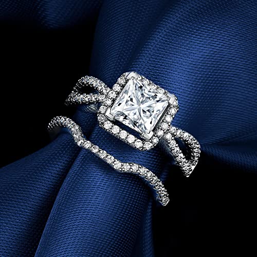 Gemsme Wedding Engagement Rings Set, 18K White Gold Plated Teardrop Cut Cubic Zirconia Halo Promise Ring for Women3