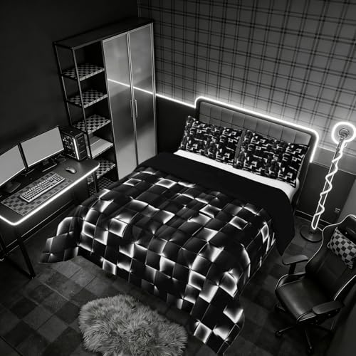 Image of Erosebridal Geometric Checkered Comforter Full Size Neon Black White Comforter Set for Kids Teen Men Gamer Room Decor,Abstract Ombre Plaid Bedding Set Grids Quilt Duvet