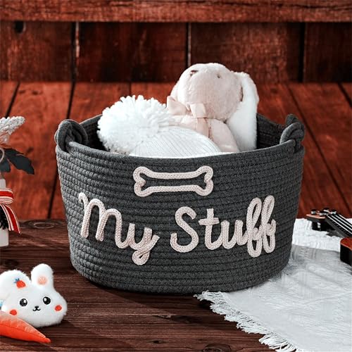 Pet Storage Basket with Rope Handles, Cotton Woven Dog Toy Bin, Cotton Rope Organizer, My Stuff Design with Bone, Grey Black Basket and Beige Yarn (Grey Black Basket) - Image 3