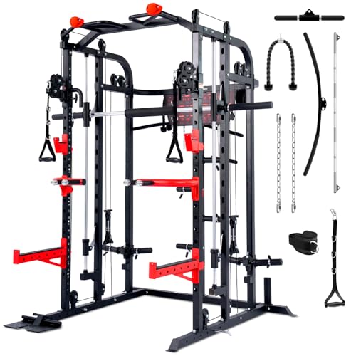 Sportstech SXM150 Smith Machine für Zuhause, Power Rack mit Kabelzug, Klimmzug, Langhantelstange, Bankdrücken, Multipresse, für Gewichtsscheiben, Kraftstation inkl. Griffe, Multifunktional, Home Gym