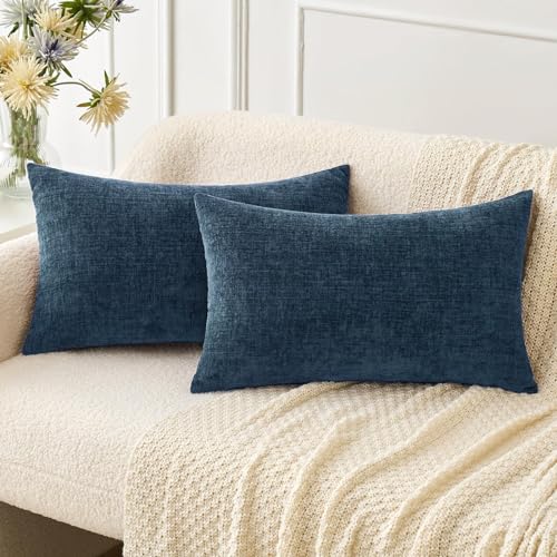 Image of MIULEE Pack of 2 Blue Throw Pillow Covers 12x20 Inch Soft Chenille Lumbar Pillow Covers for Sofa Living Room Couch Solid Dyed Cases