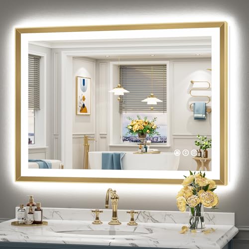 Image of 44x32 Gold Beveled LED Bathroom Mirror with Lights, Brushed Gold Framed Backlit and Front Lit Anti-Fog Lighted Vanity Mirrors for Bathroom Wall, Dimmable, 3 Colors, Memory, HD Tempered Glass