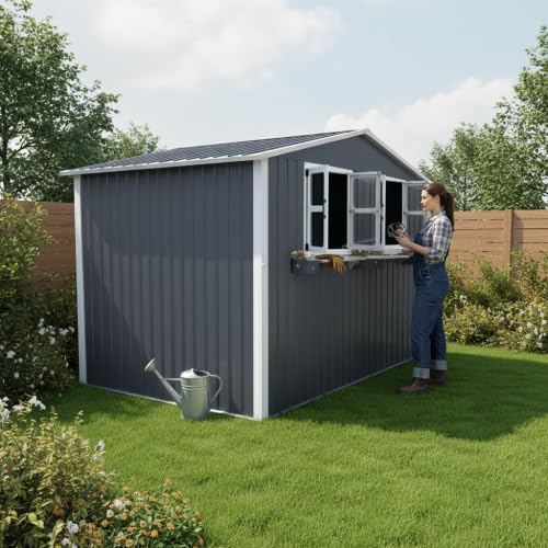 Abri de jardin métallique avec fenêtres et étagère pour abriter les vélos