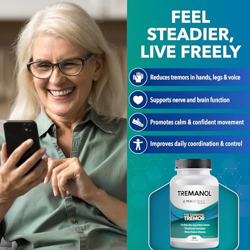 Image of Tremanol Natural Aid Essential Tremor Relief Herbal Supplement for Neurological Support - Includes Vitamin B2 & B12, Passionflower & Skullcap for Hand Tremor Aids - Made in USA, 60 Caps