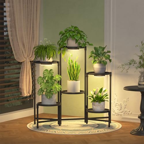 Image of iDavosic.ly 6 Tier Large Plant Stand Indoor with Grow Light, Tiered Corner Metal Outdoor Flower Display Holder Shelf with 10 Inch Wide Tray, Folding Tall Rack for Patio Porch Living Room, Black