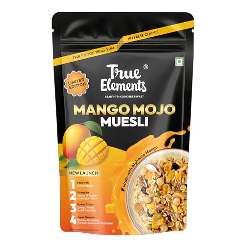 Image of True Elements Mango Mojo Muesli 350 g with Alphonso Mango | Healthy Breakfast Cereal | High Fiber, Protein Rich | Rolled Oats, Seeds & Grains | No Added False Claims | Limited Edition
