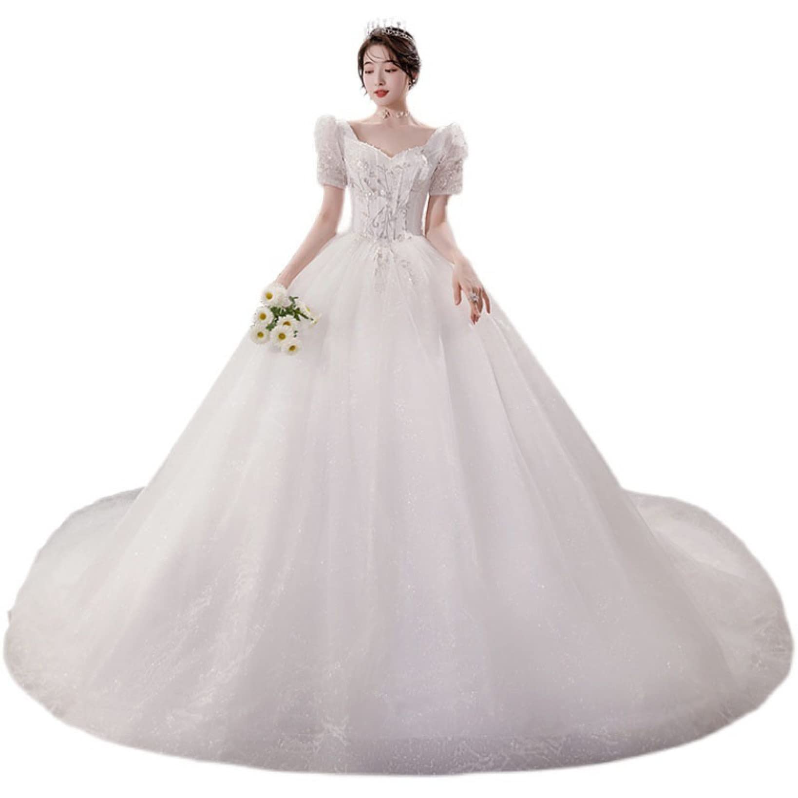 ゴージャスなウェディングドレス 王道スタイルのトレーン  結婚式 挙式 披露宴 レース、袖あり、オフショルダー、スレンダー、ボリューム】王道