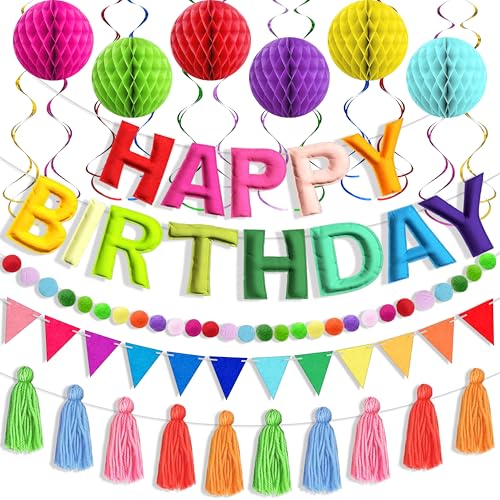 Image of Happy Birthday Banner Decoration Set - Includes Colorful Rainbow Felt Happy Birthday Sign, 3 Garlands, Hanging Spirals, Honeycomb Paper Balls for Baby Shower Party Decor and Kids Celebration