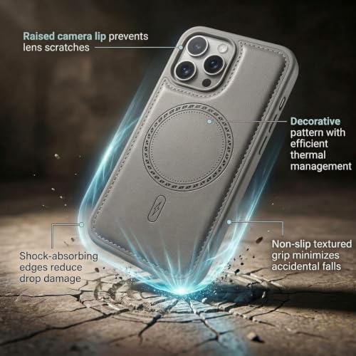 Image of amazon basics Premium PU Leather Case for iPhone 15 Pro, MagSafe Compatible Magnetic Ring, Sleek Protective Back Cover - [Gray]