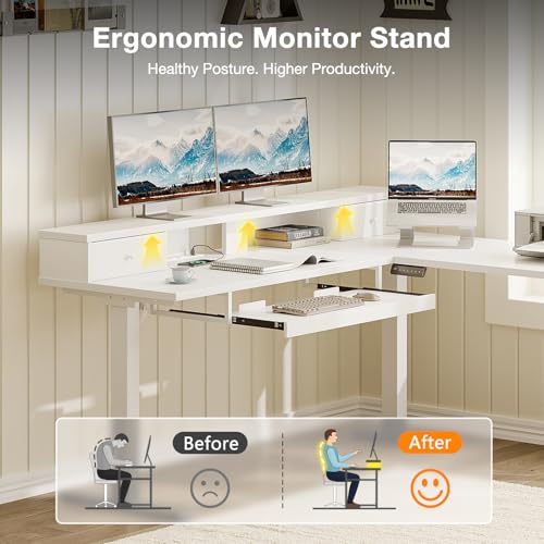 Image of Casaottima 59 Inch Electric L-Shaped Standing Desk with Drawers, Height Adjustable Stand Up Corner Desk with Monitor Stand & Keyboard Tray, Lift Table for Home Office, Workstation, White
