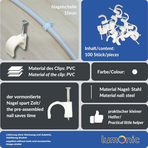 Lumonic 100 x Nail Clamp 10 mm for White Cable - Clamp with 22 mm Nail e.g. for Wall Mounting - Cable Ties Dif - Image 3