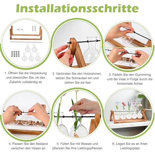 Vintage Kleine Vasen für Tischdeko, Hyindoor Propagation Station, Blumenvase Glasvase mit Holzständer, Kleine Vasen Vintage Glas Reagenzgläser für Hause Büro Wohnzimmer – Bild 6