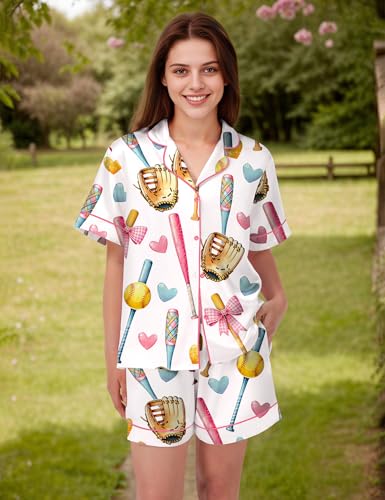 Image of SHESHOW Pajamas for Women Set Satin Button Down Short Sleeve Top and Shorts Pjs Sets Sport Ball Print Sleepwear XS-XXL