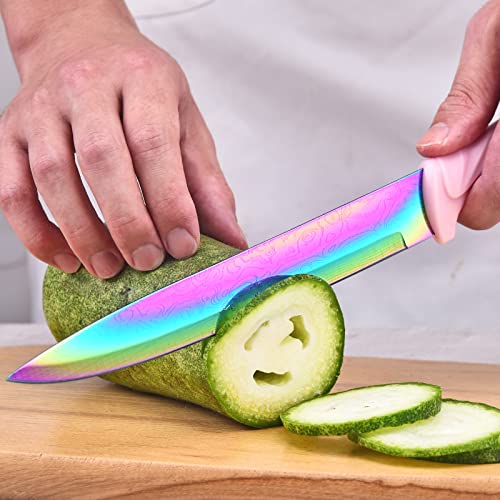 Rainbow Knife Set Damascus Non Stick Sharp Large Blade Chef Kitchen Knives Set With Acrylic Block Cutlery Knives Block Set Chef Quality Best Gift Pretty Pink Color #TOP7