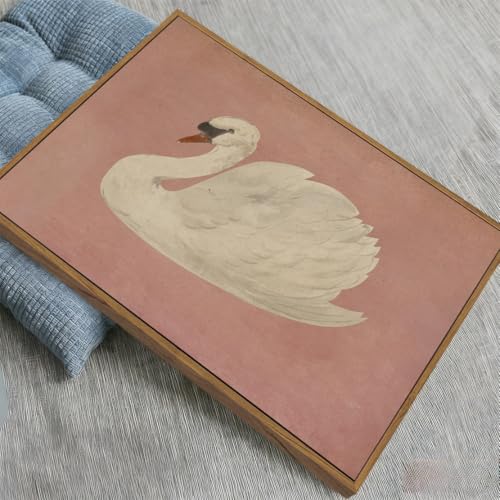 Image of KISSFOX Framed Wall Art Vintage Wall Decor Pink Swan Pictures Retro Animal Canvas Art Rustic Aesthetic Paintings Farmhouse Artwork For Bedroom Living Room Kitchen